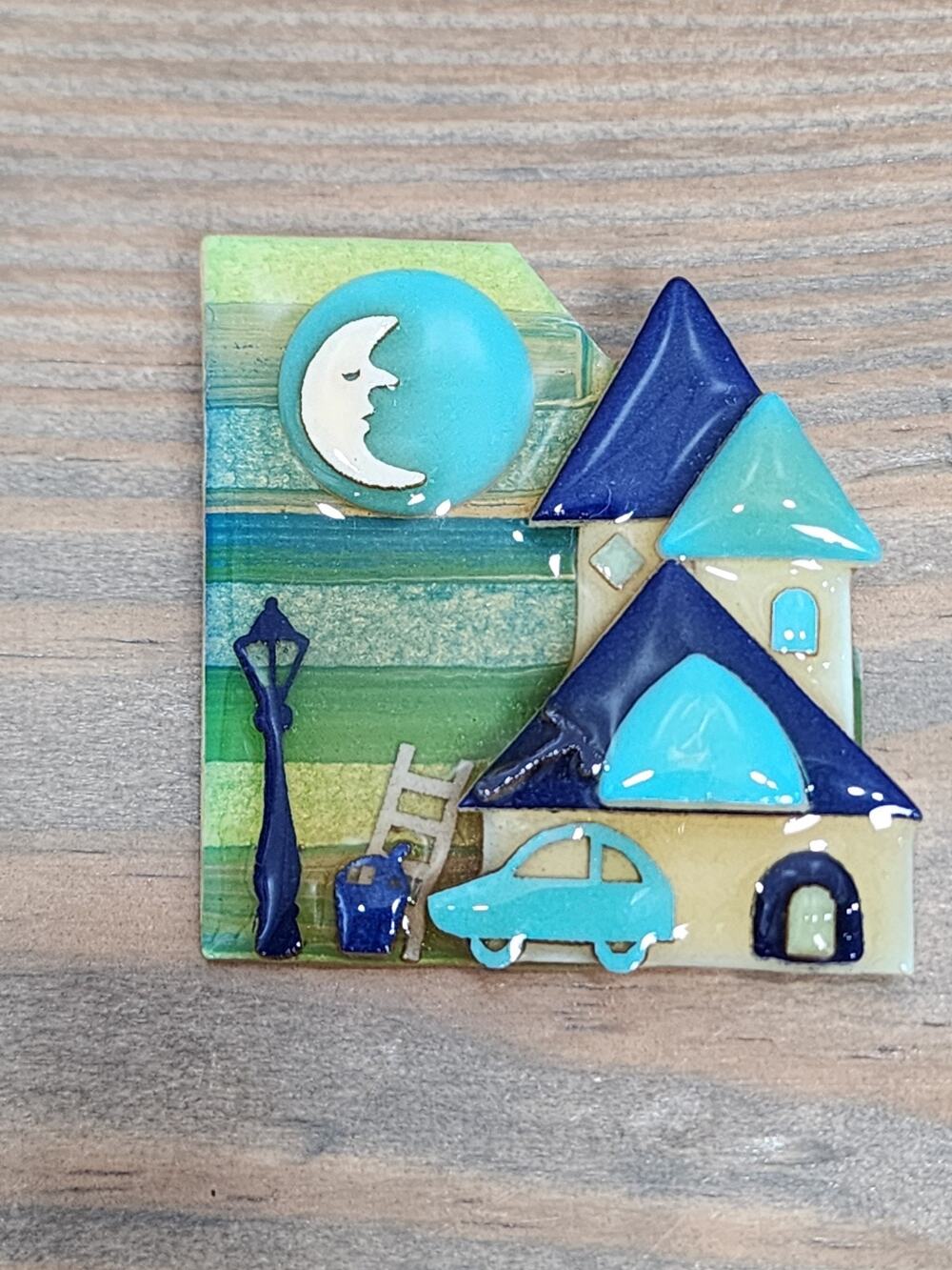 VINTAGE HOUSE PINS BY LUCINDA SHADES OF BLUE MOON CAR STREETLIGHT BROOCH